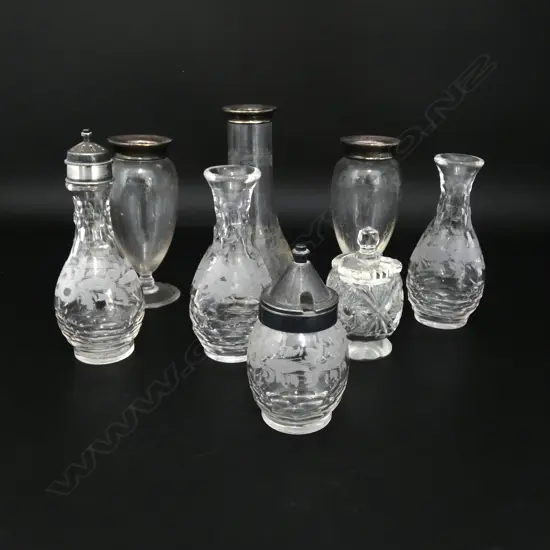 3 SILVER RIMMED early 20thC glass VASES + 5 OTHERS