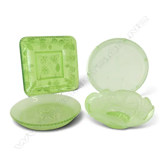 4 PCS GREEN DEPRESSION GLASS, CAKE PLATE w FEET & 3 DISHES