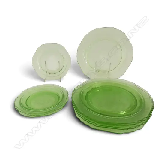 10 GREEN URANIUM GLASS SIDE PLATES w EMBOSSED FLORAL PATTERN, Dia.220/150mm