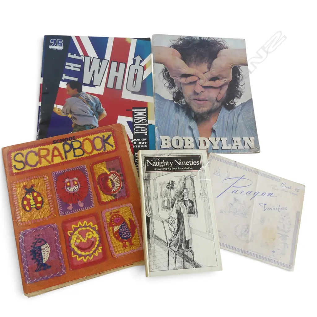 ASST PRINTED MATERIAL: folders + scraps + Naughty Nineties book + Bob Dylan etc Image 1++