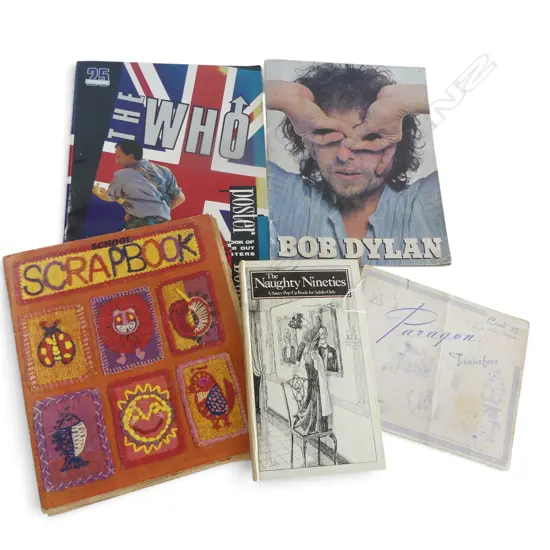 ASST PRINTED MATERIAL: folders + scraps + Naughty Nineties book + Bob Dylan etc