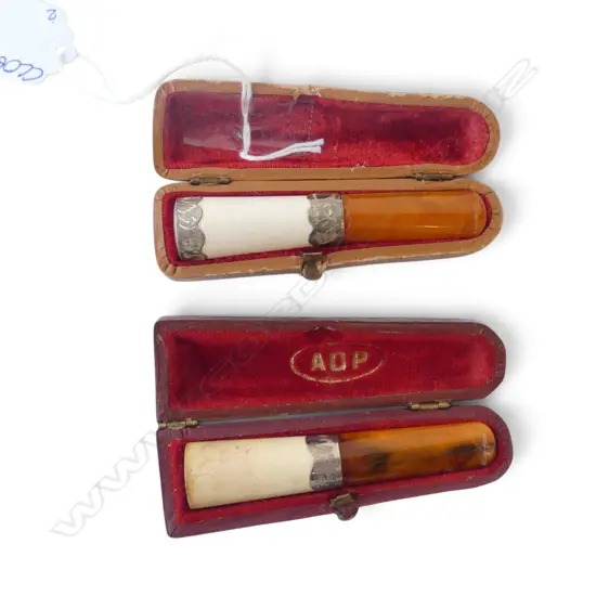 2 ANTIQUE CASED MEERSCHAUM & SILVER CIGARS HOLDERS L.90mm