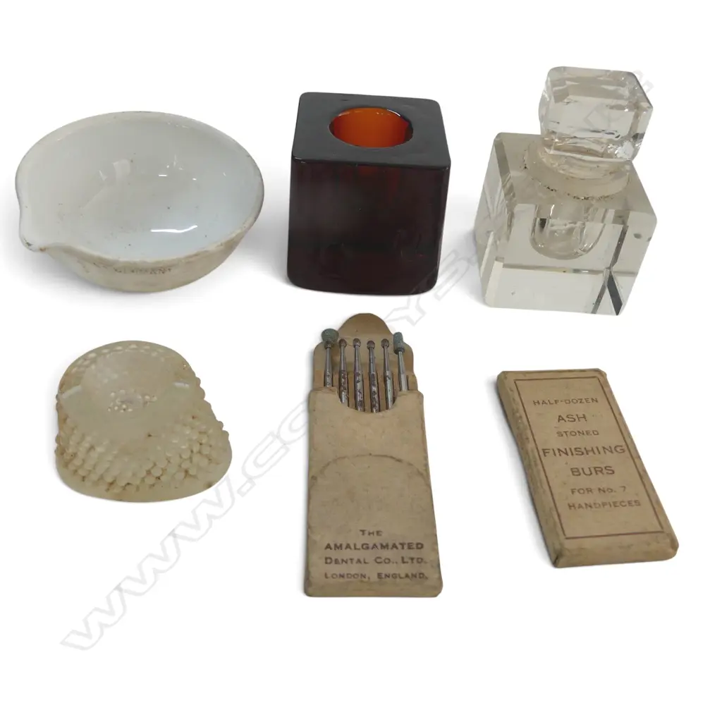 ANTIQUE DENTIST’S 3 GLASS JARS, CRUCIBLE, 2 PACKS DENTAL BURS  Image 1++