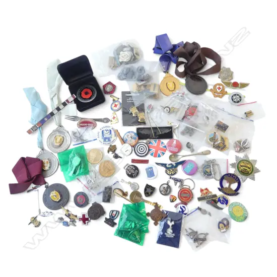BOX OF ASST. N.Z. & WORLD PINS & BADGES etc