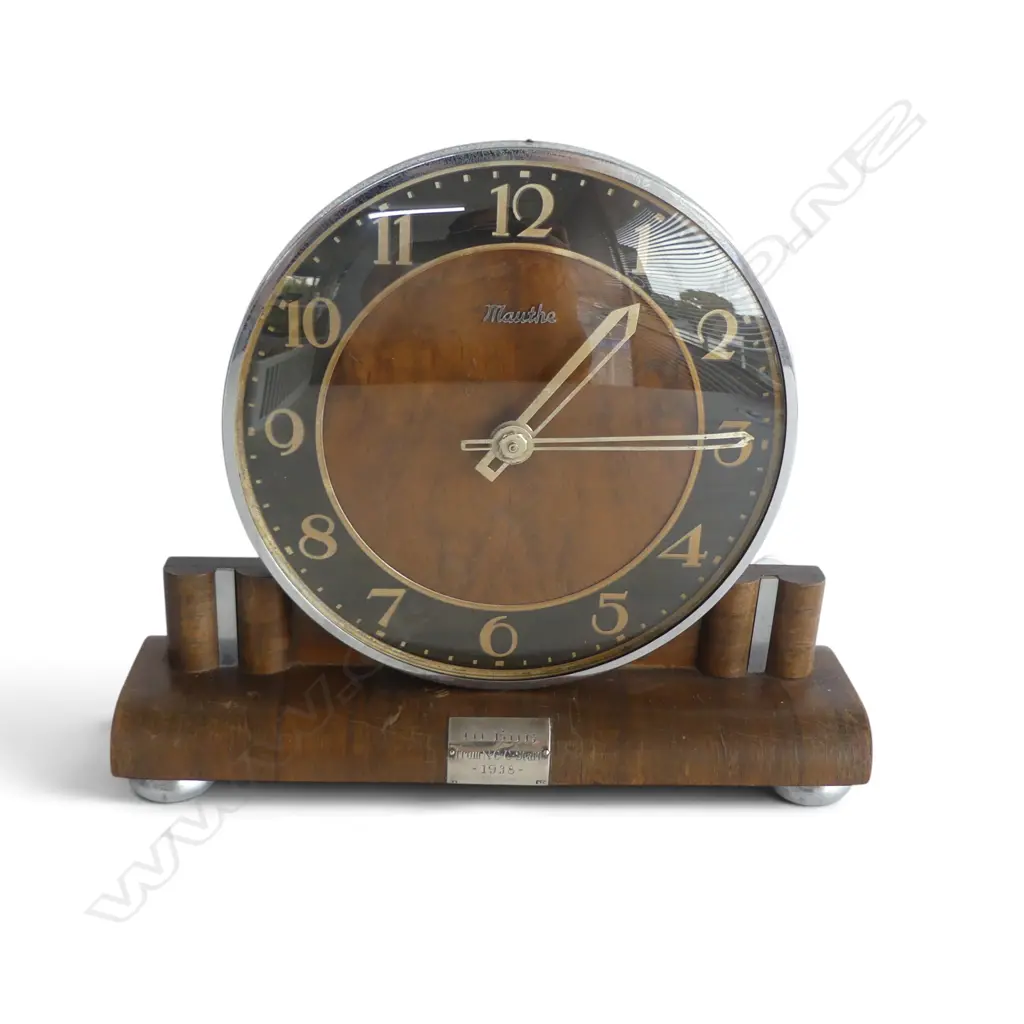 20thC MAUTHE OAK MANTEL CLOCK w. stg silver plaque 'To Boe' dated 1938 H.205mm Image 1++