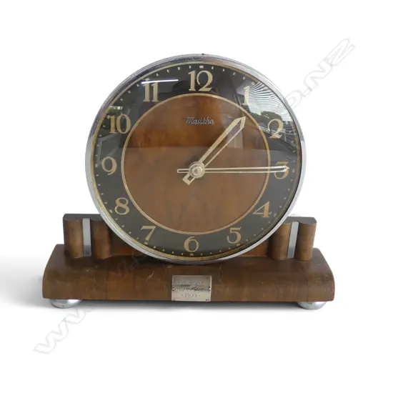20thC MAUTHE OAK MANTEL CLOCK w. stg silver plaque 'To Boe' dated 1938 H.205mm