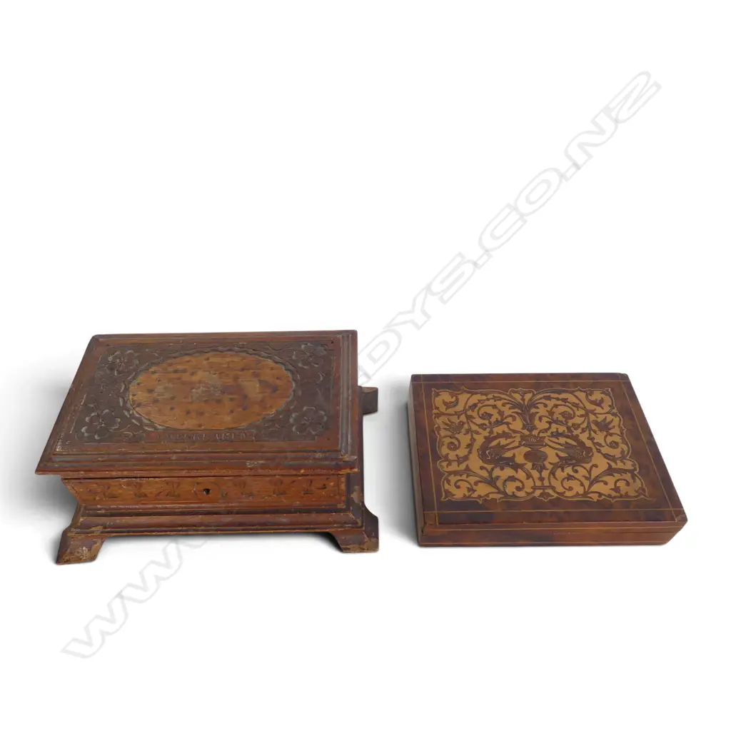 CAVED JEWELLERY BOX inscribed 'INTERLAKEN', no key + PARQUETRY CARD BOX W.165mm some small faults Image 1++