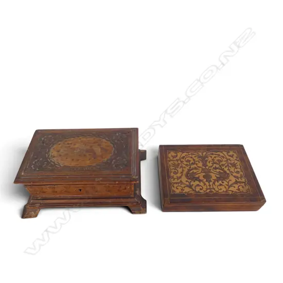 CAVED JEWELLERY BOX inscribed 'INTERLAKEN', no key + PARQUETRY CARD BOX W.165mm some small faults