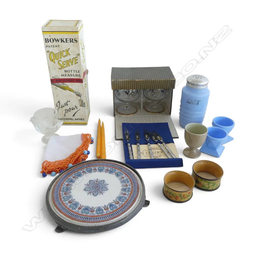 TRAY ASSTD. BOTTLE MEASURE, SALT, GLASSES, VICT. TRIVET, EGG CUPS ETC Image 1++