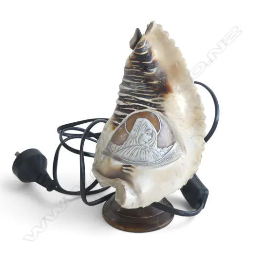 MADONNA CARVED CONCH SHELL SIDE LAMP on turned wood base. H.200mm
