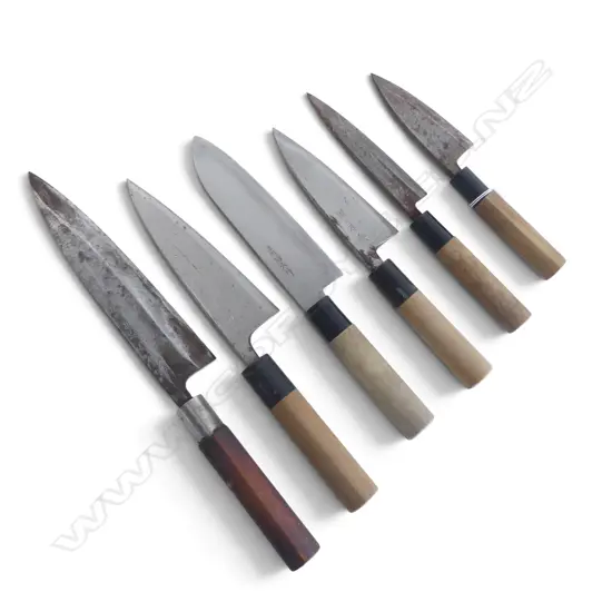 6 VINTAGE JAPANESE STEEL BLADED CHEF'S KNIVES some rust - most w signed blades. Longest 370mm