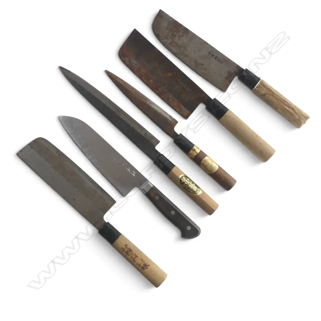6 VINTAGE JAPANESE STEEL BLADED CHEF'S KNIVES some rust - most w signed blades. Longest 345mm Image 1++