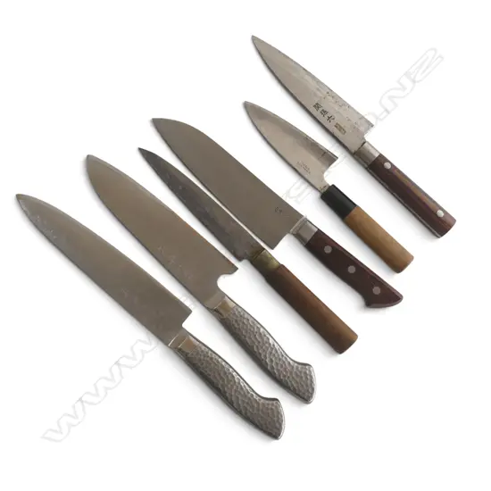 6 VINTAGE JAPANESE STEEL BLADED KITCHEN KNIVES - most w signed / named blades. Longest 300mm
