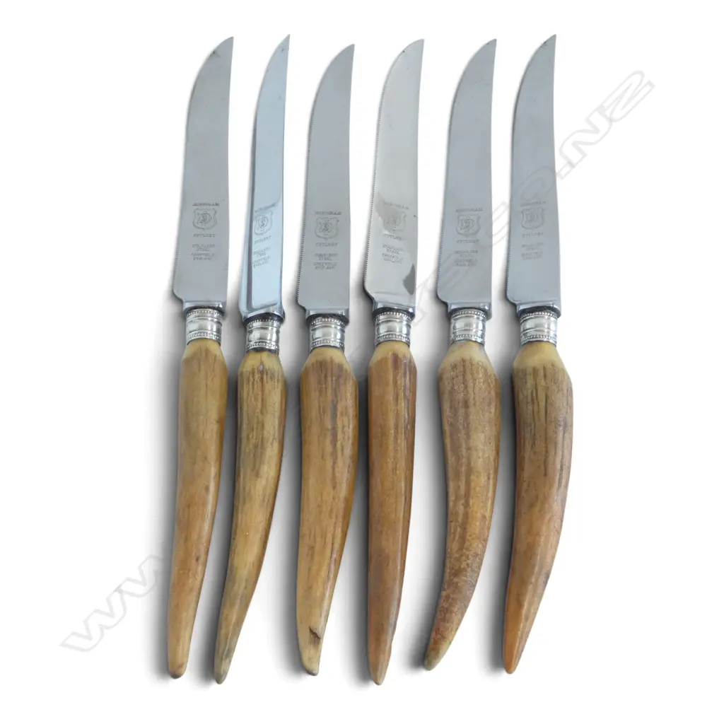 SET 6 REAL ANTLER HANDLE STEAK KNIVES SHEFFIELD ENGLAND, L.245MM Image 1++
