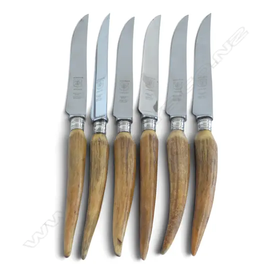 SET 6 REAL ANTLER HANDLE STEAK KNIVES SHEFFIELD ENGLAND, L.245MM