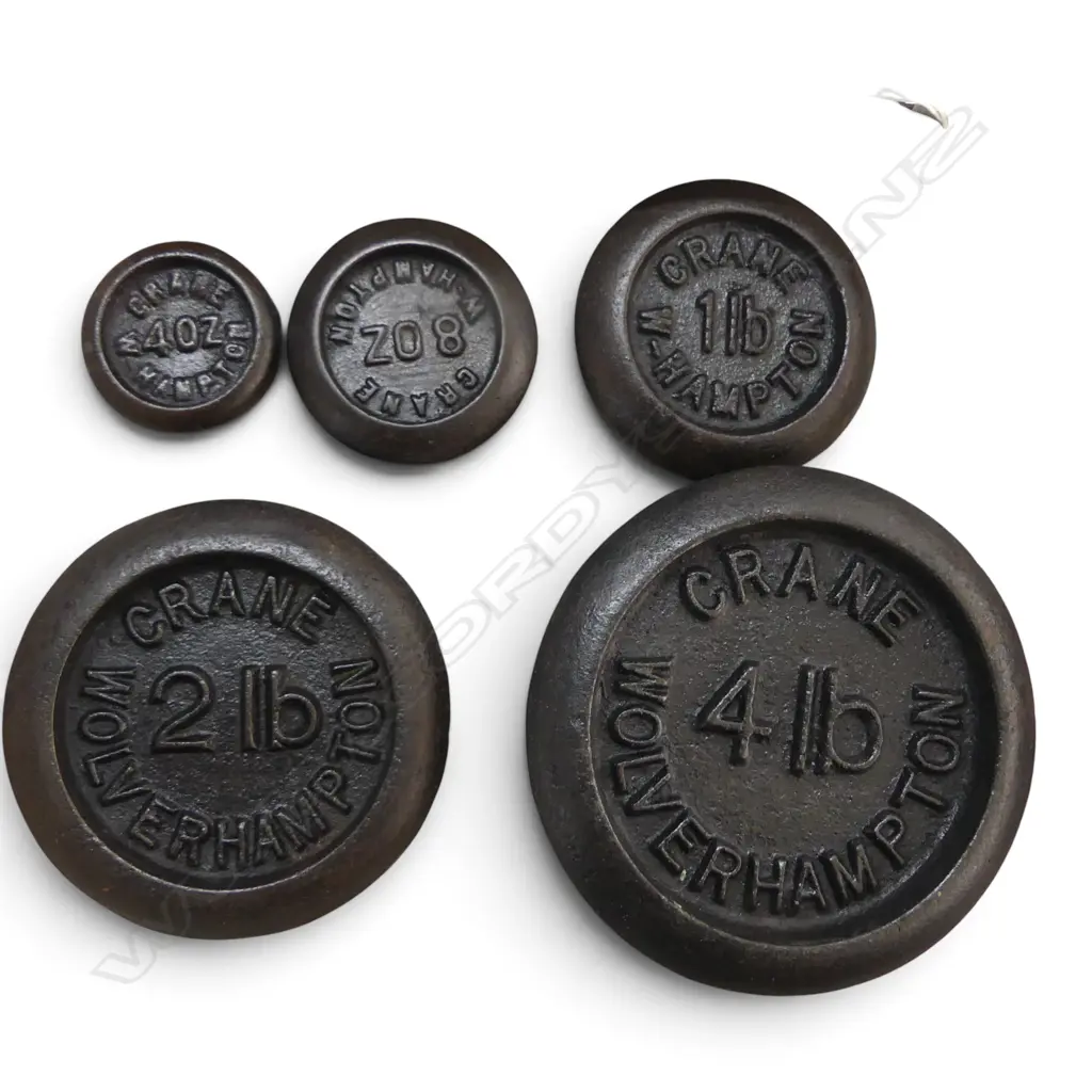 SET 5 ANTIQUE CAST IRON WEIGHTS ‘CRANE OF WOLVERHAMPTON’ 4OZ-4LB, D.110MM-40MM Image 1++