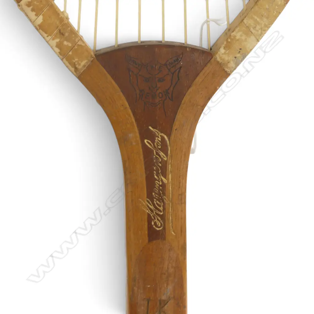 RARE ANTIQUE FISHTAIL HANDLE TENNIS RACKET ‘THE DEMON’ SLAZENGER C.1890-1915, L.690MM Image 1++
