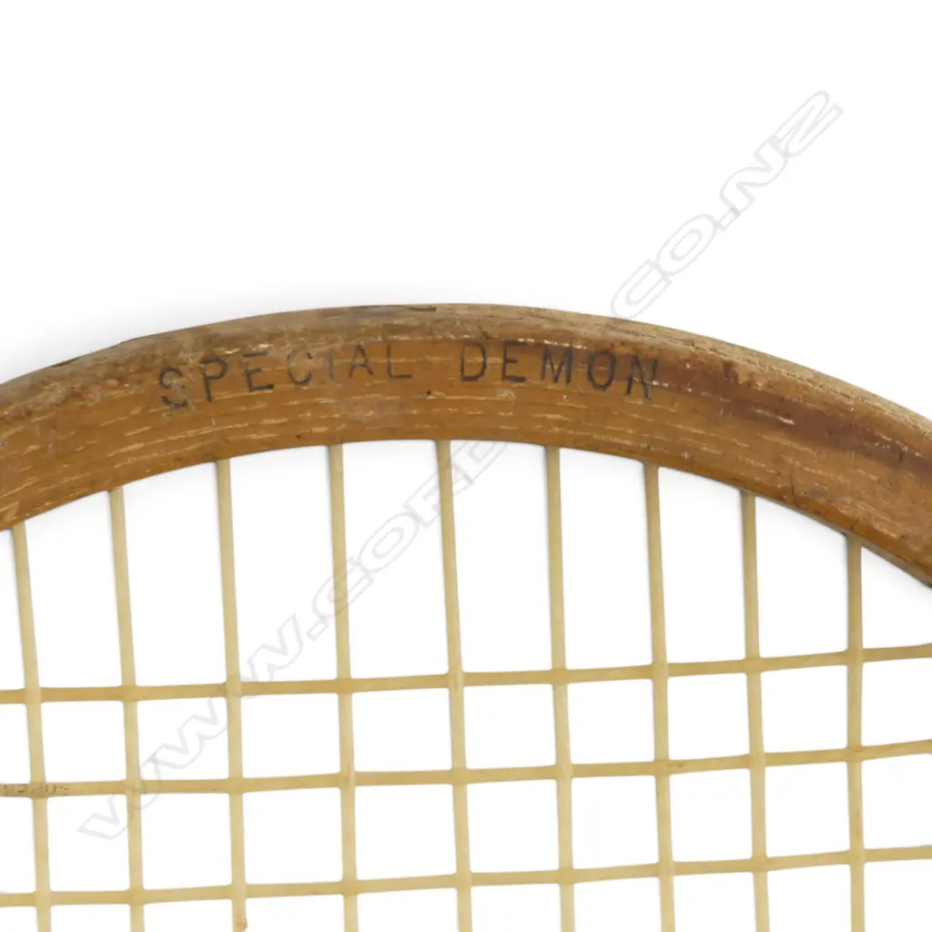 RARE ANTIQUE FISHTAIL HANDLE TENNIS RACKET ‘THE DEMON’ SLAZENGER C.1890-1915, L.690MM Image 1++
