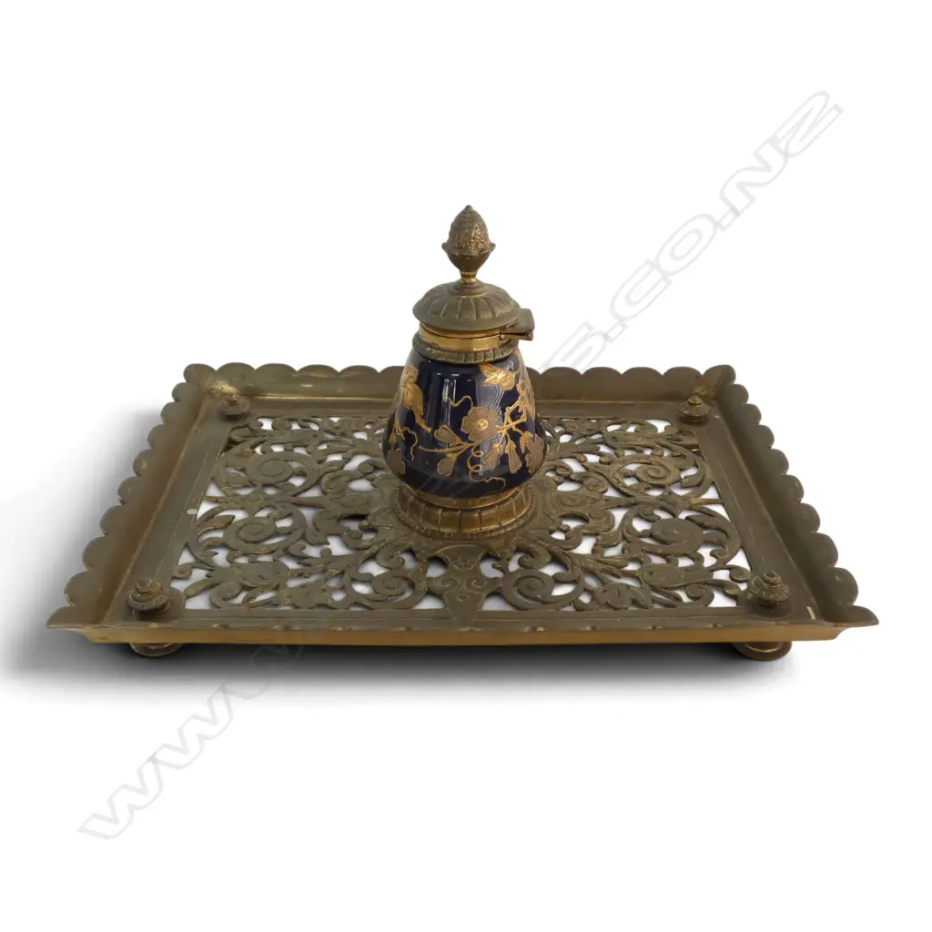 BRASS DESK STAND w. ENAMEL INKWELL W.265mm Image 1++