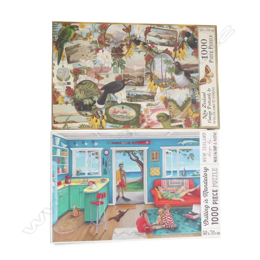 TWO NZ 1000PC JIGSAW PUZZLES COMPLETE ONE UNOPENED WOLFKAMP, 500MM X 700MM Image 1++
