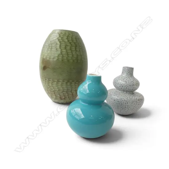 3 BROSTE COPENHAGEN VASES; GREEN METAL H.260mm, 2 CERAMIC GOURD FORM