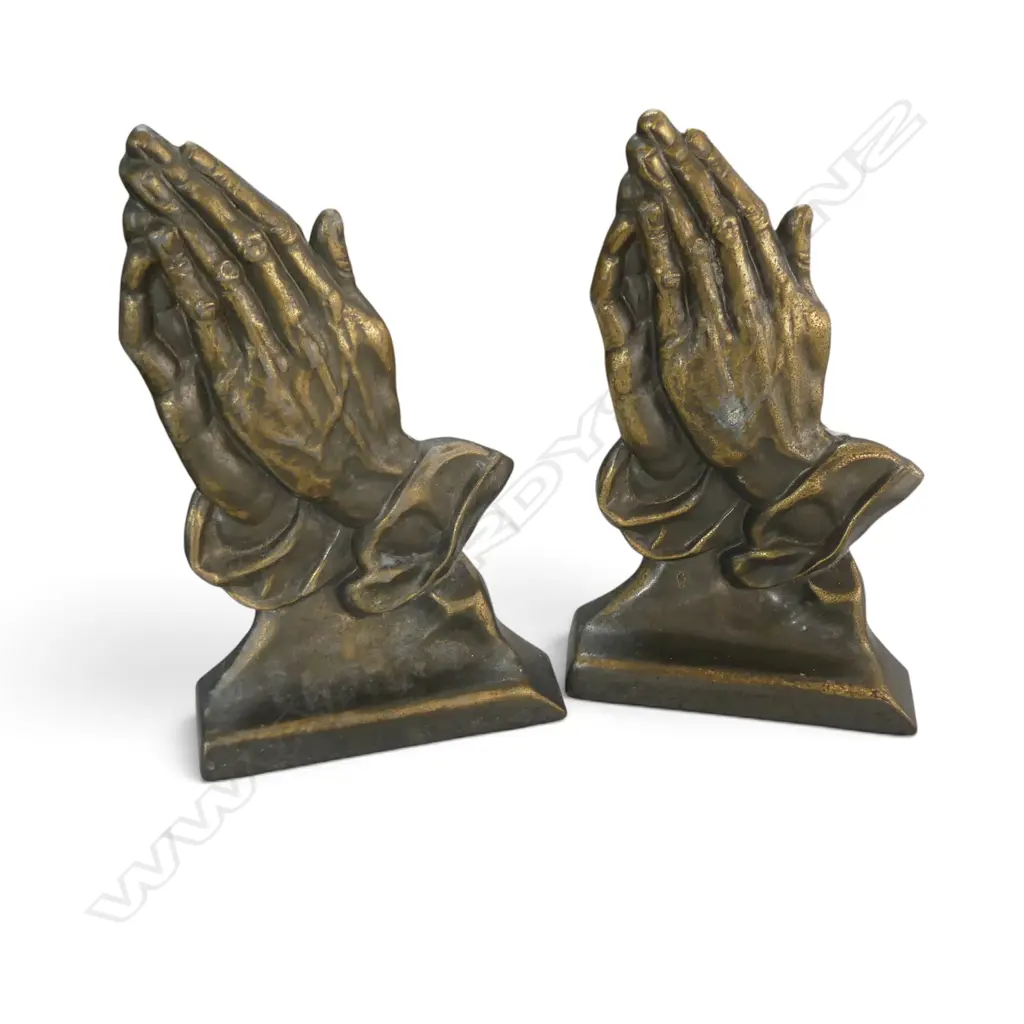PR VINTAGE BRASS PRAYING HANDS BOOKENDS MAKERS STAMP, H.208MM, L.130MM Image 1++