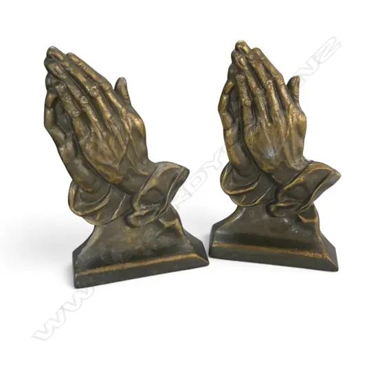 PR VINTAGE BRASS PRAYING HANDS BOOKENDS MAKERS STAMP, H.208MM, L.130MM