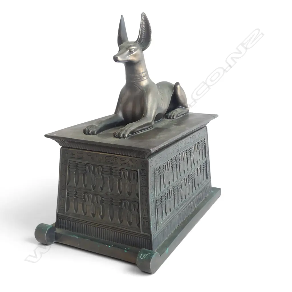 EGYPTIAN STYLE BRONZED RESIN LIDDED CONTAINER w. DOG ATOP 360x220x390mm REPAIRS Image 1++