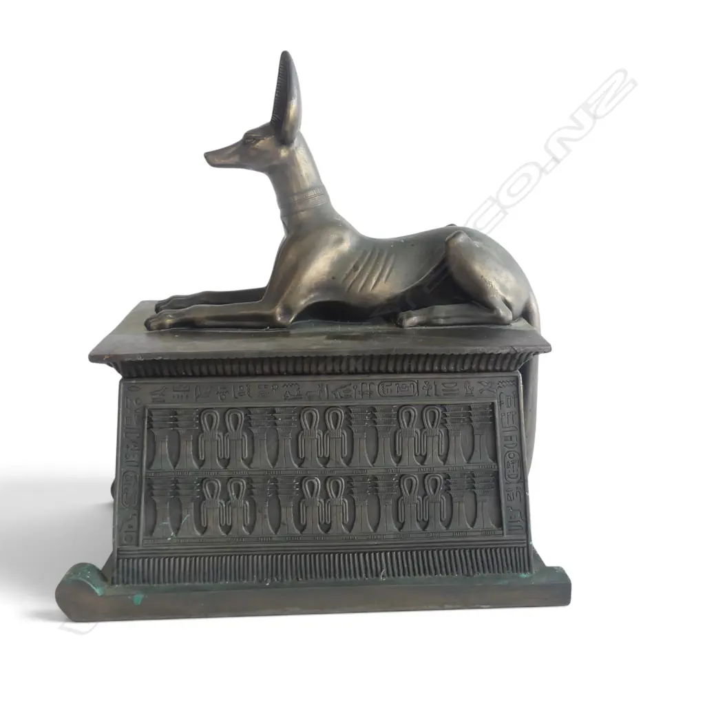 EGYPTIAN STYLE BRONZED RESIN LIDDED CONTAINER w. DOG ATOP 360x220x390mm REPAIRS Image 1++