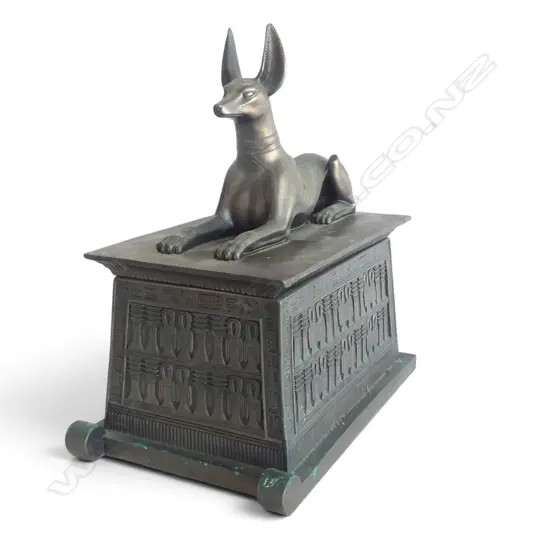 EGYPTIAN STYLE BRONZED RESIN LIDDED CONTAINER w. DOG ATOP 360x220x390mm REPAIRS