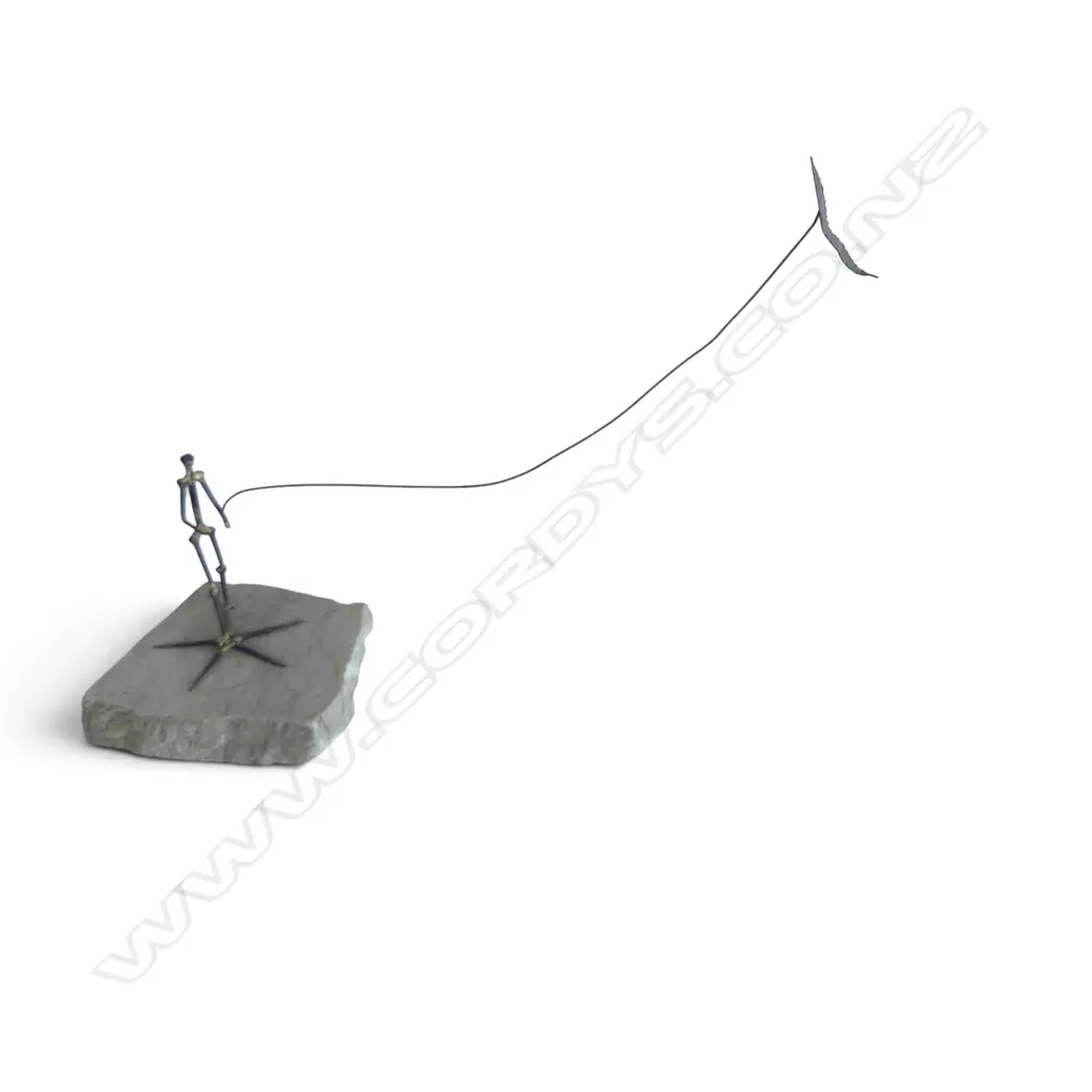 ARTIST UNKNOWN, FIGURE FLYING A KITE, IRON AND COPPER FLEXIBLE SCULPTURE ON STONE BASE, 190 X 450MM Image 1++