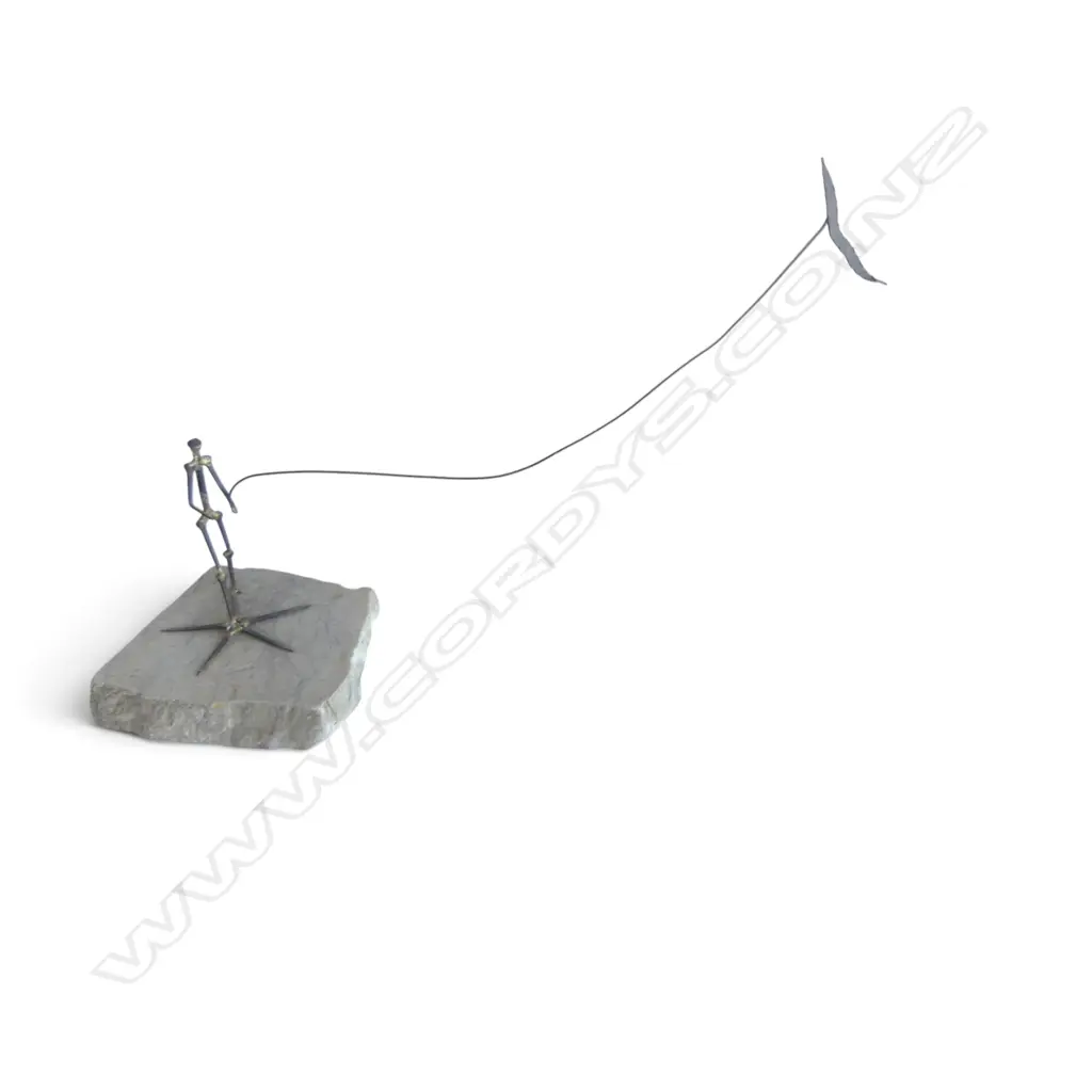 ARTIST UNKNOWN, FIGURE FLYING A KITE, IRON AND COPPER FLEXIBLE SCULPTURE ON STONE BASE, 190 X 450MM Image 1++