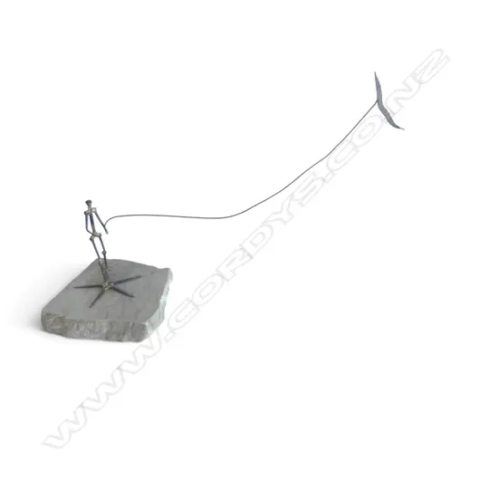 ARTIST UNKNOWN, FIGURE FLYING A KITE, IRON AND COPPER FLEXIBLE SCULPTURE ON STONE BASE, 190 X 450MM