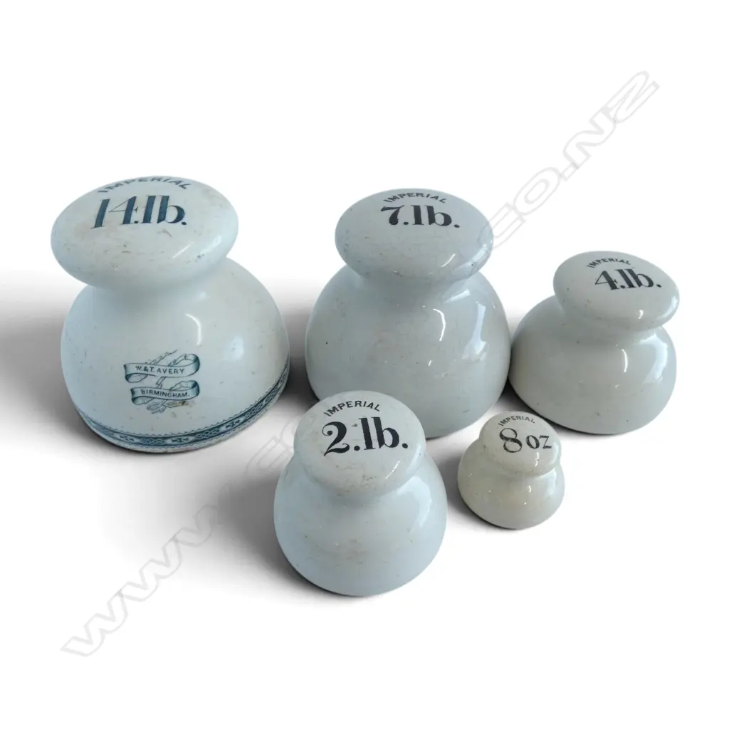 SET 5 W & T AVERY 'IMPERIAL' lead weighted ceramic GROCER'S WEIGHTS from 14lb to 8oz. Image 1++