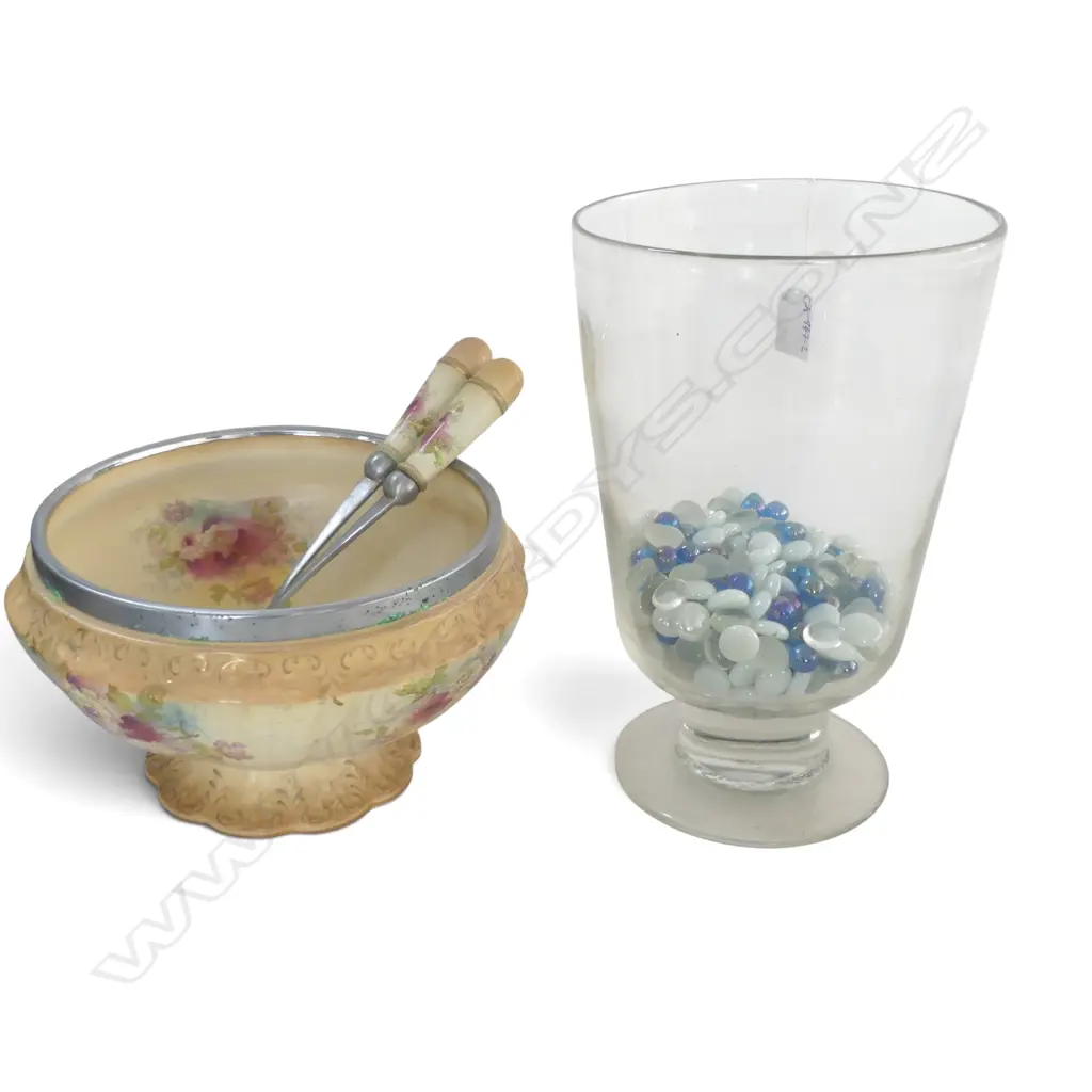 ROYAL DEVON SALAD BOWL & SERVERS + GLASS VASE w. ASST. MARBLES Image 1++