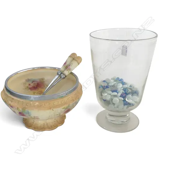 ROYAL DEVON SALAD BOWL & SERVERS + GLASS VASE w. ASST. MARBLES