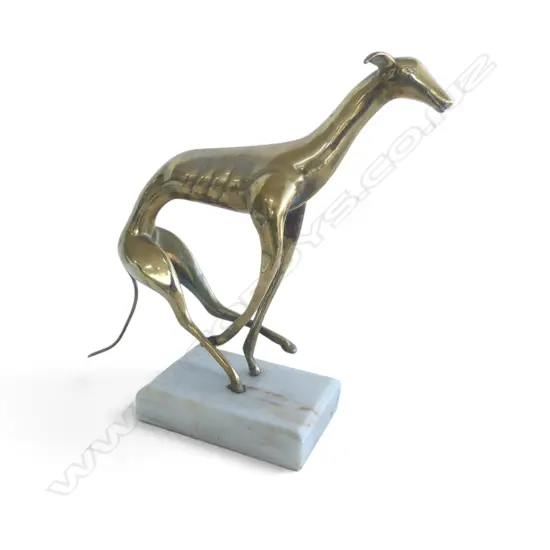 POLISHED BRASS RUNNING GREYHOUND SCULPTURE on marble base. H.300mm