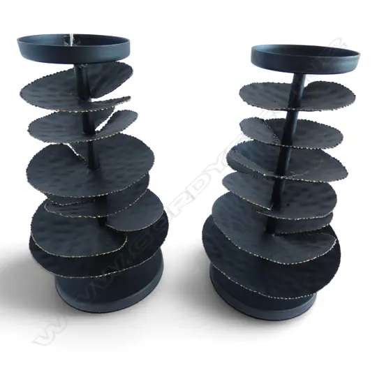 PAIR TALL BLACK METAL GOLD RIMMED CANDLE HOLDERS, H.320MM