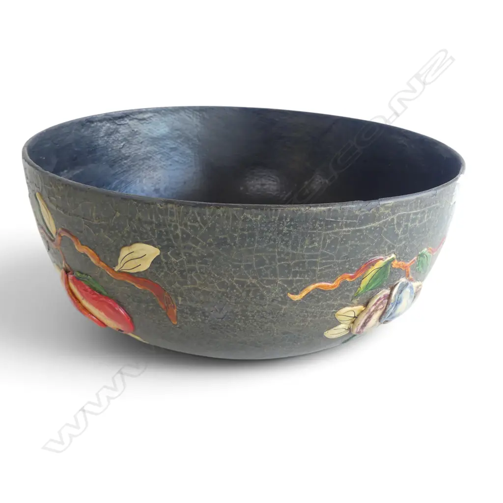 ENGLISH PAPIER MACHE HAND PAINTED BOWL WITH RAISED FRUIT DESIGN DIA305MM Image 1++