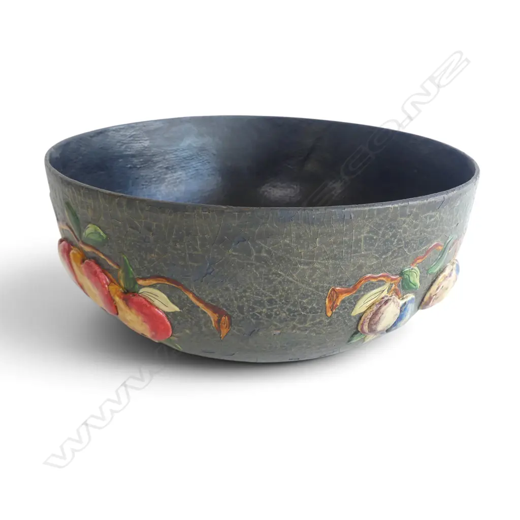 ENGLISH PAPIER MACHE HAND PAINTED BOWL WITH RAISED FRUIT DESIGN DIA305MM Image 1++