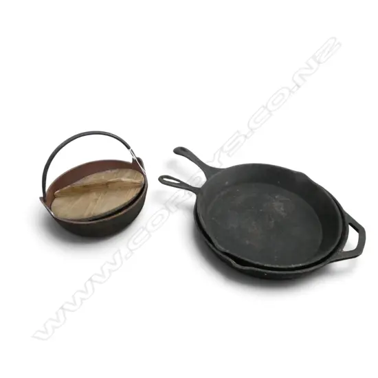 3 PCES CAST IRON; 2 FRY PANS 310mm dia + JAPANESE POT