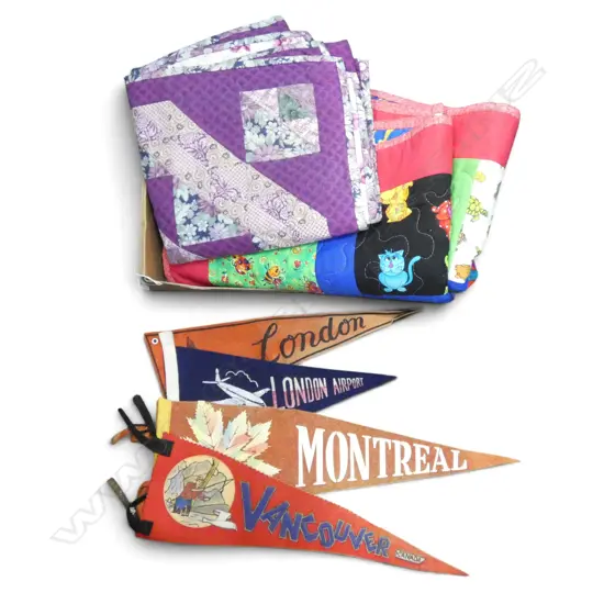 TWO HANDMADE PATCHWORK QUILTS AND FOUR MID CENTURY CITY PENDANTS