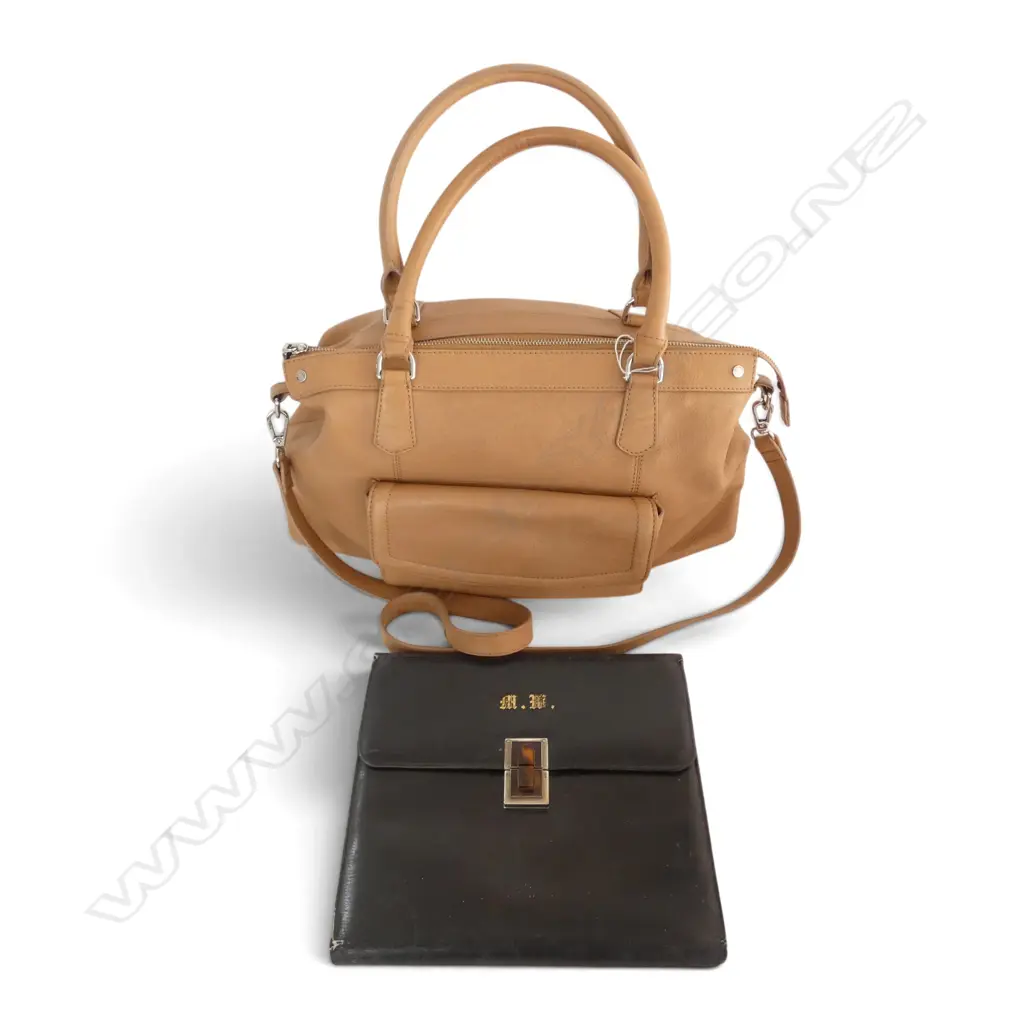 'WITCHERY' TAN SOLFT LEATHER HAND BAG + BLACK LEATHER CLUTCH Image 1++