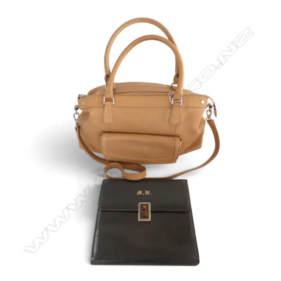 'WITCHERY' TAN SOLFT LEATHER HAND BAG + BLACK LEATHER CLUTCH