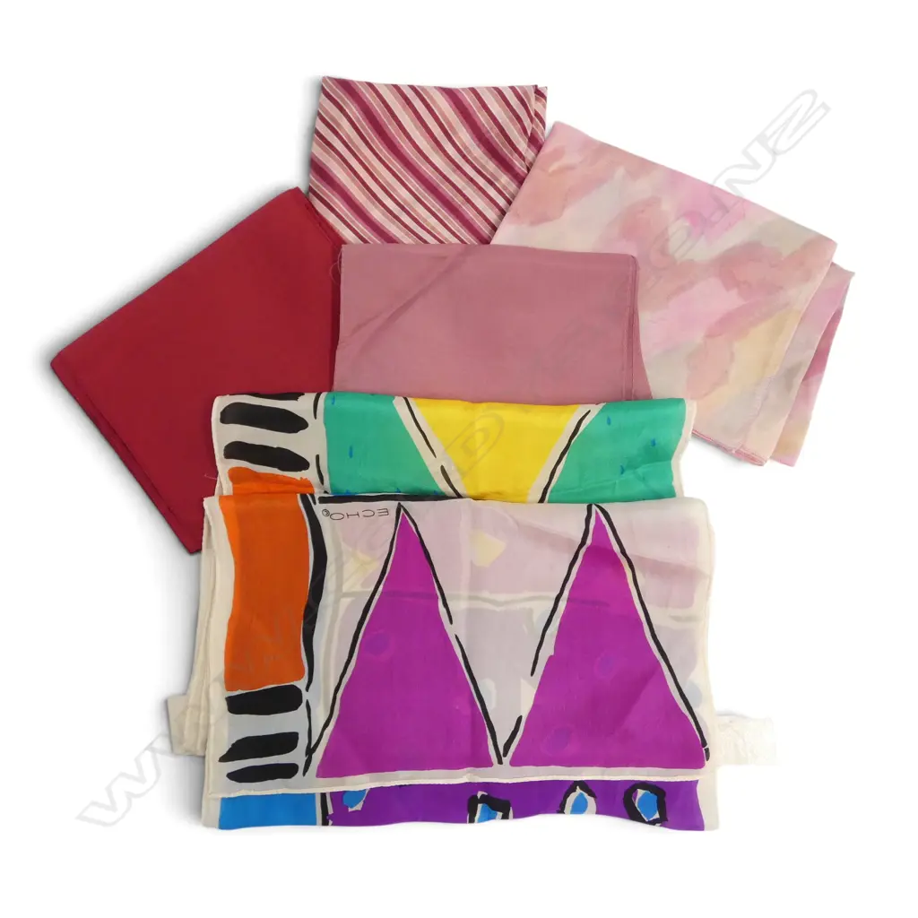 BAG 5 VINTAGE fine fabric SMALL SCARVES: 1 labelled Echo made in NZ 100% silk Image 1++