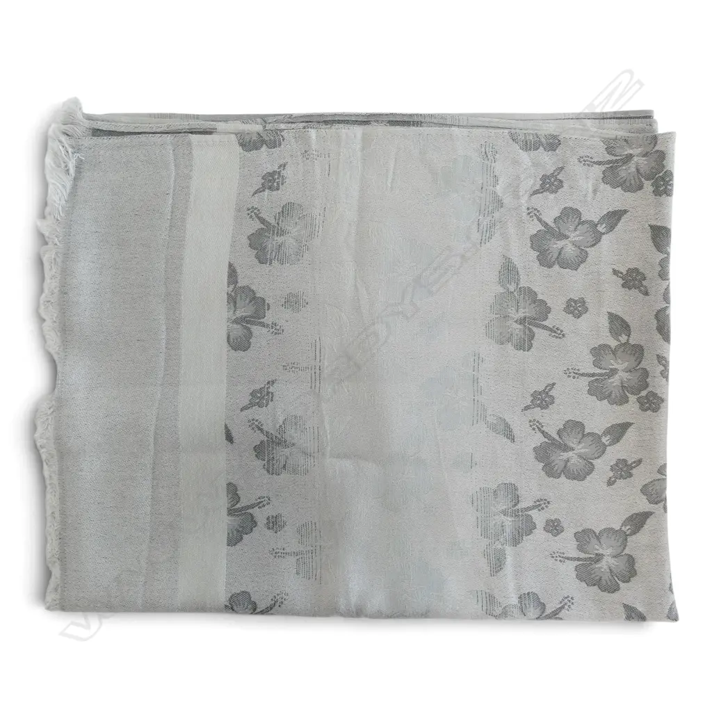 100% cashmere scarf - grey tones hibiscus pattern. Labelled Image 1++