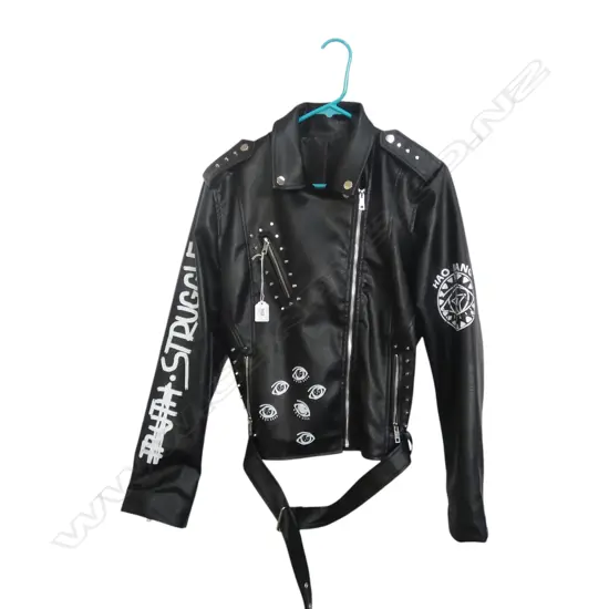 WOMENS BLACK FAUX LEATHER GRAFFITI BOMBER JACKET FITS 12 -14 