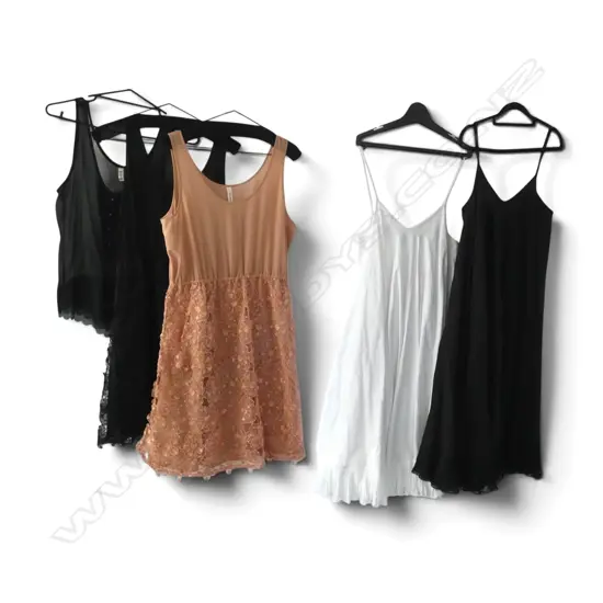 5 SYLVESTER LABEL GARMENTS SZ M, 4 SHORT DRESSES & TOP, white marked