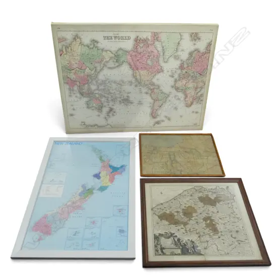 4 MAPS; WORLD, NZ, FLANDERS / BELGIUM, NEW YORK STATE 430x575mm