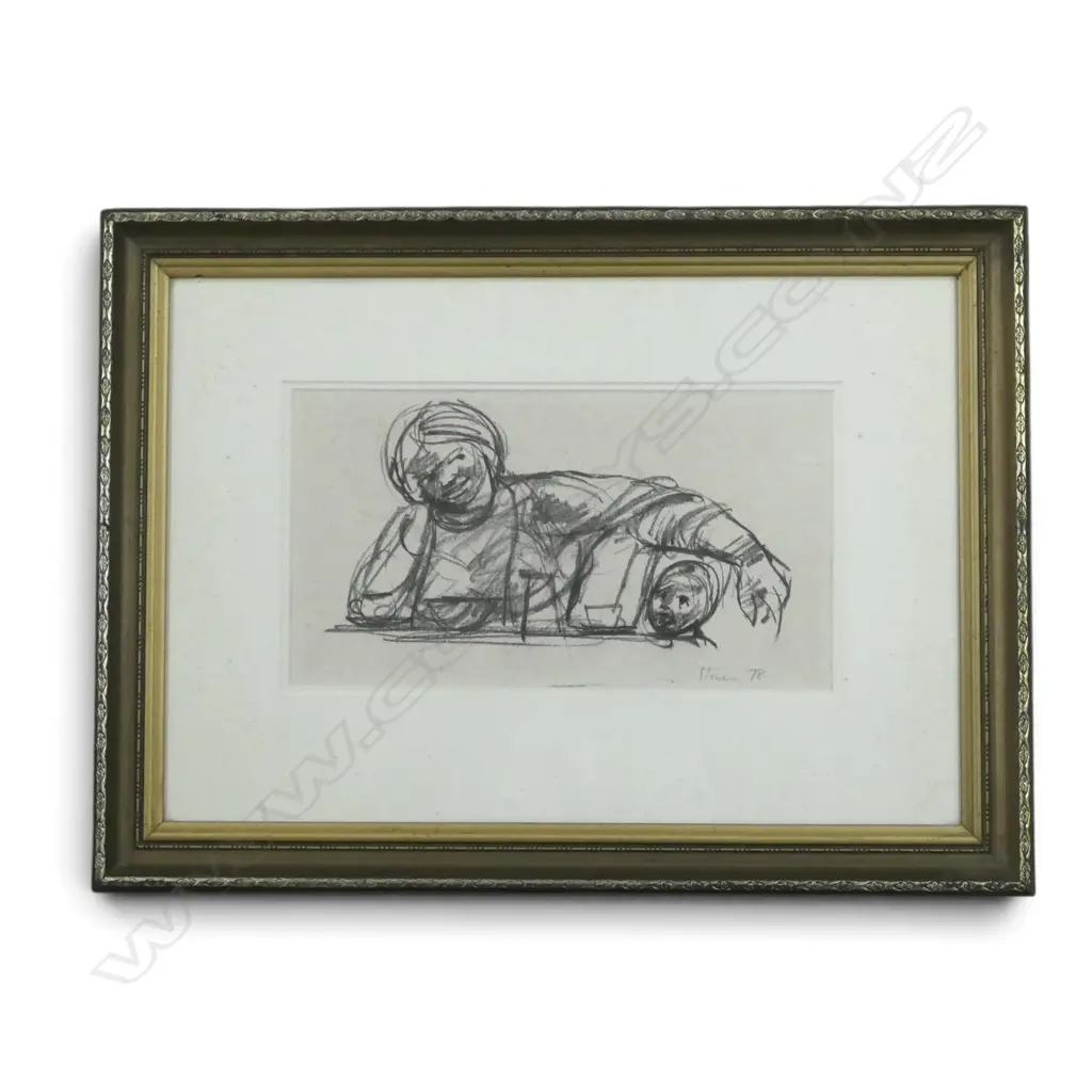 ANTHONY (TONY) STONES (NZ 1934-2016) MOTHER & CHILD, CHARCOAL ON PAPER, SIGNED & DATED '78 190x345mm Image 1++